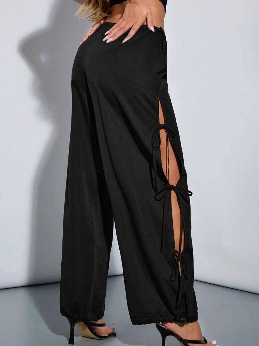 Black Casual Women's Jogger Pants with Side Slit and Adjustable Drawstring - Picture 2 of 6